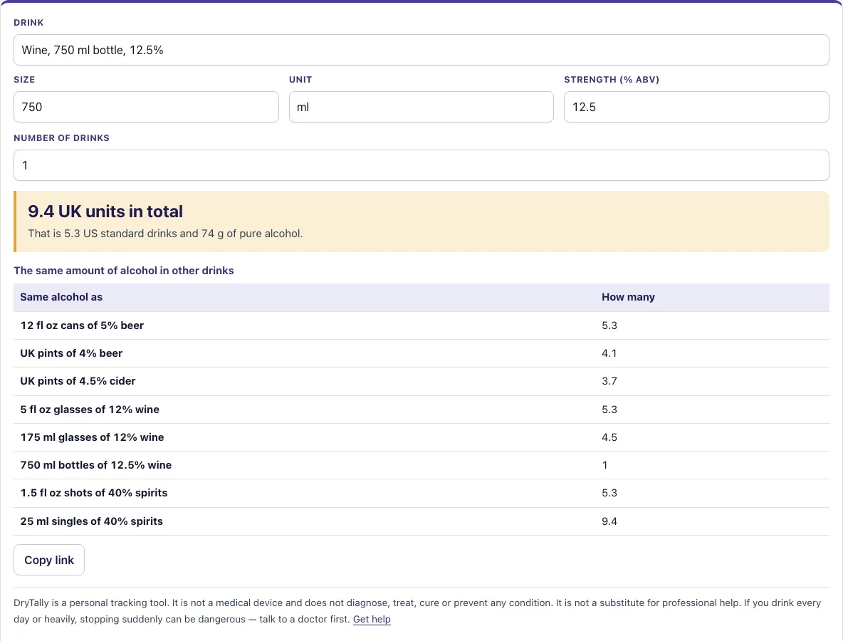 Drink equivalent calculator example