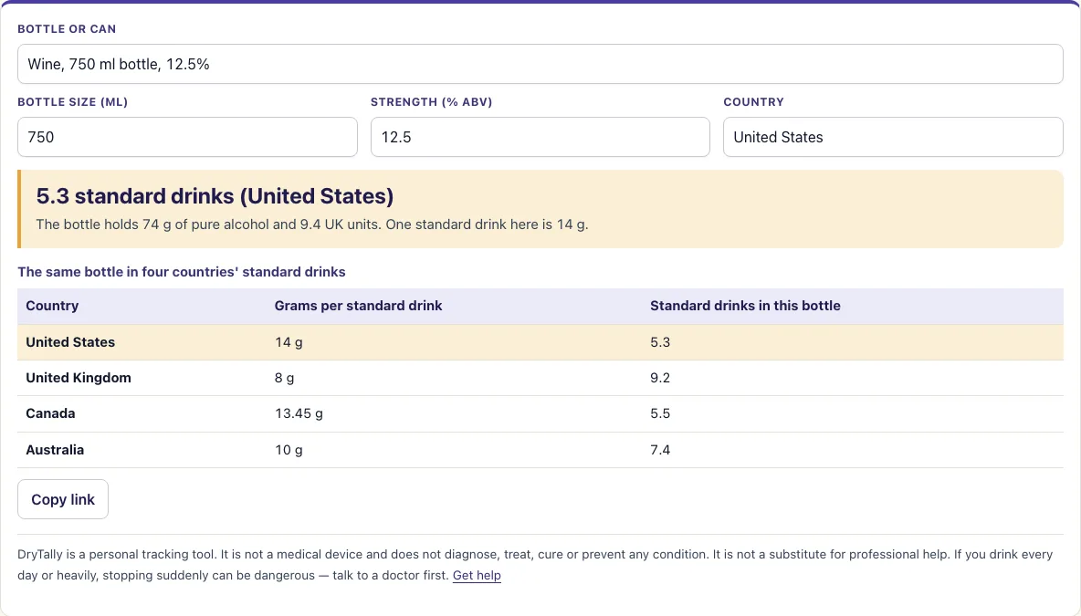 How many standard drinks in a bottle of wine example